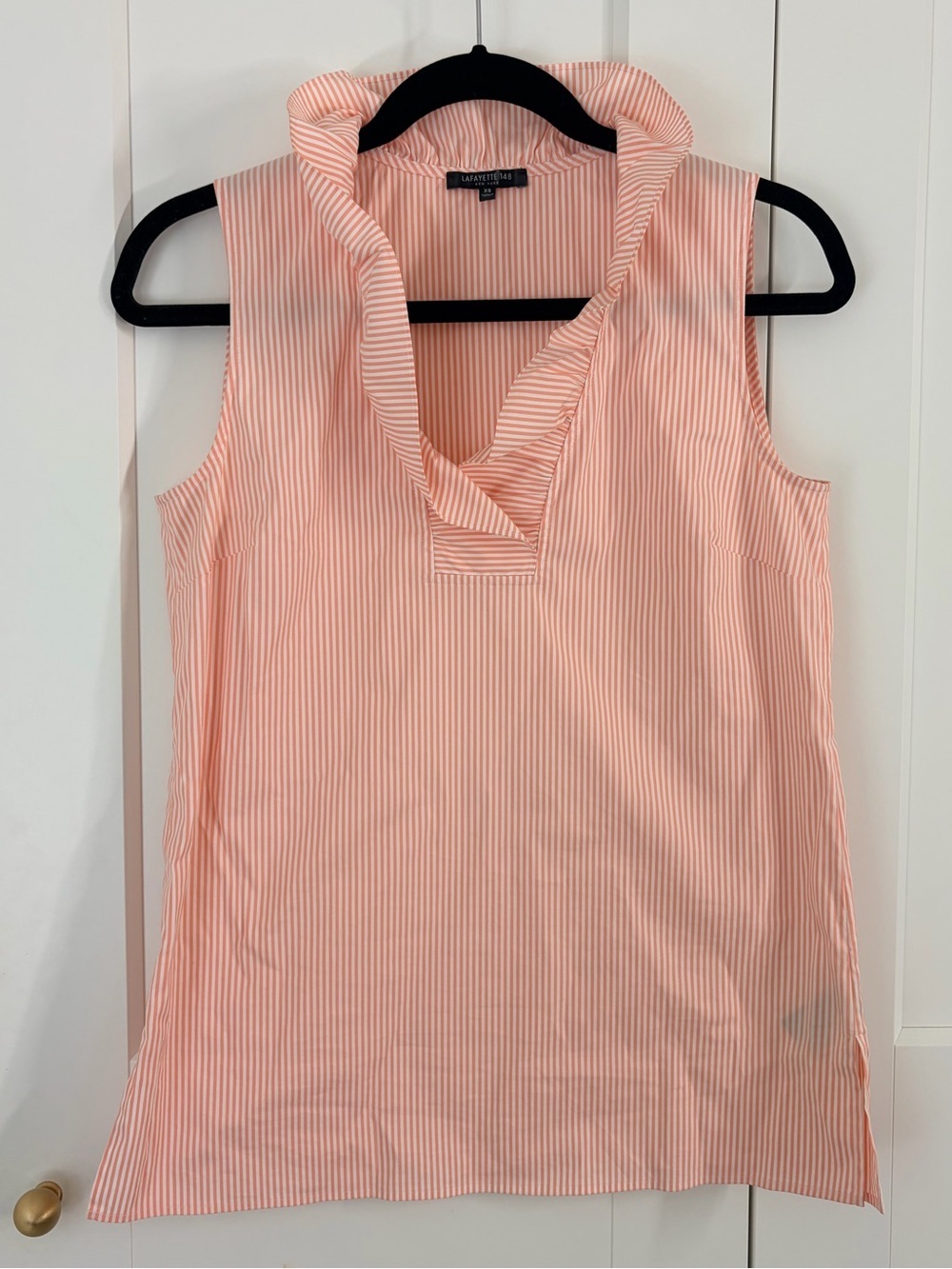 Lafayette 148 New York Pink Stripe Sleeveless Ruffle V-Neck Top | XS